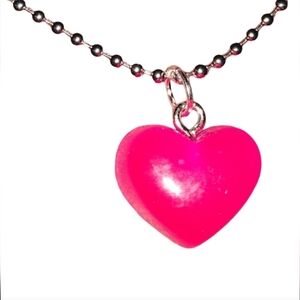 Hot Pink Candy Heart Silver Necklace 80s Pendant Choker or Long Ball Link Chain